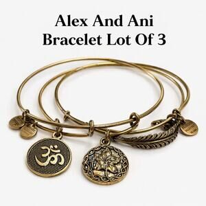 Alex And Ani Bracelet Lot Of 3 Gold Tone Charm Feather Om Ivy Bangle Set
